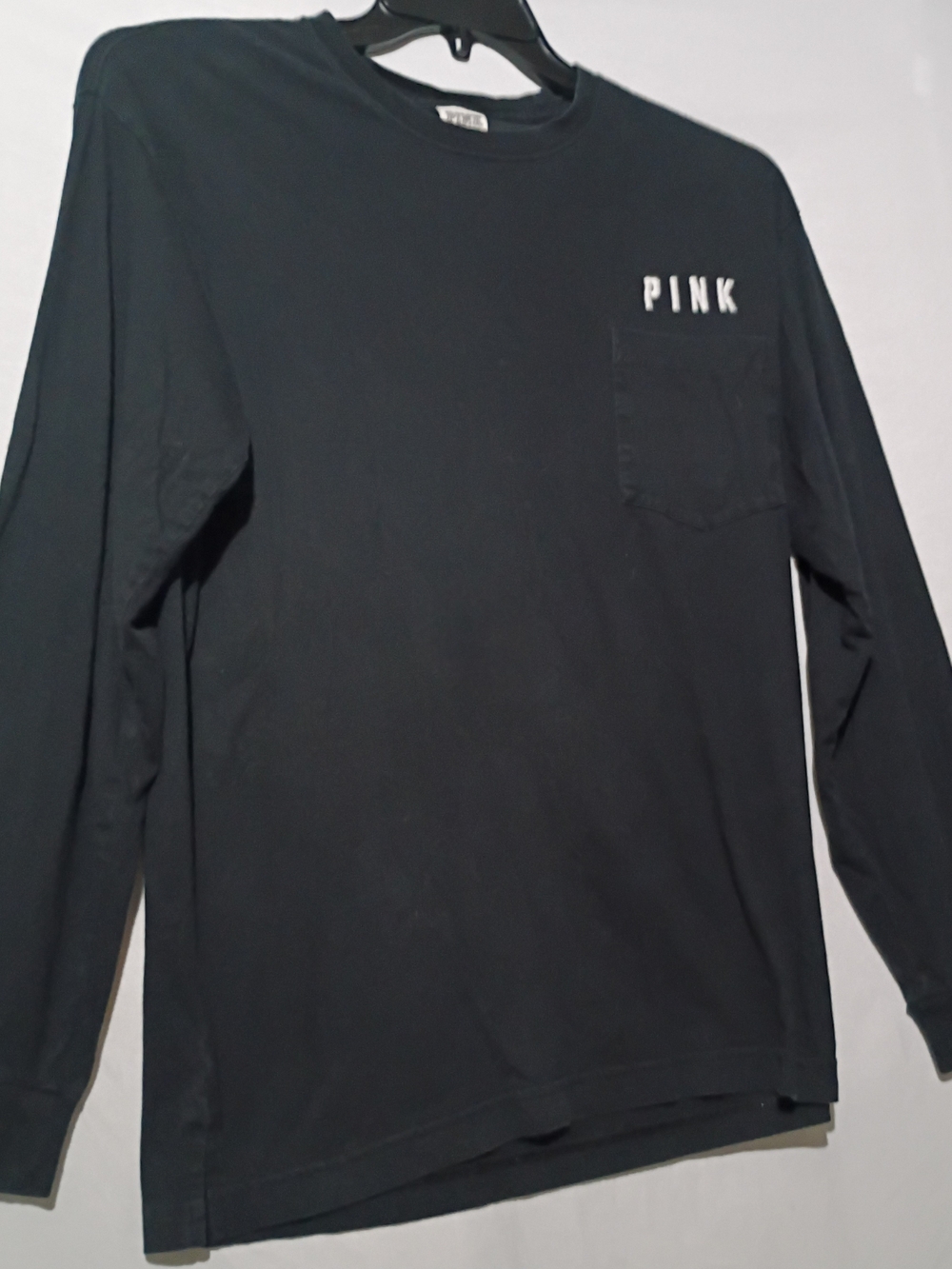 PINK Victoria's Secret Black Tee with Logo Pocket And Tropical Palm Back